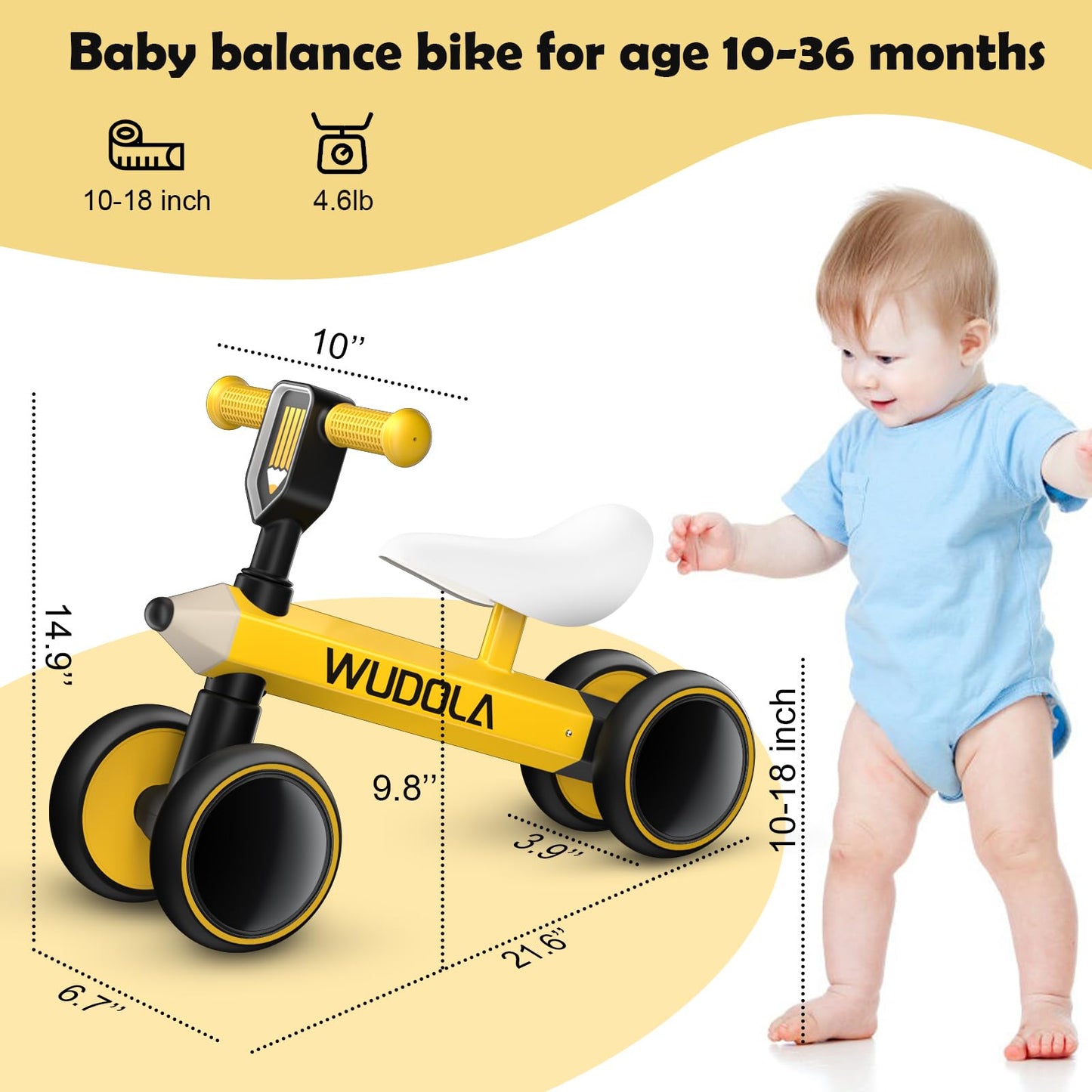 Baby Balance Bike Toys for 1 Year Old, Pre-School First Bike and 1st Birthday Gifts, Silent Wheels & Non-Pedal Baby Walker Riding Toys for 10-36 Months Toddlers, Yellow